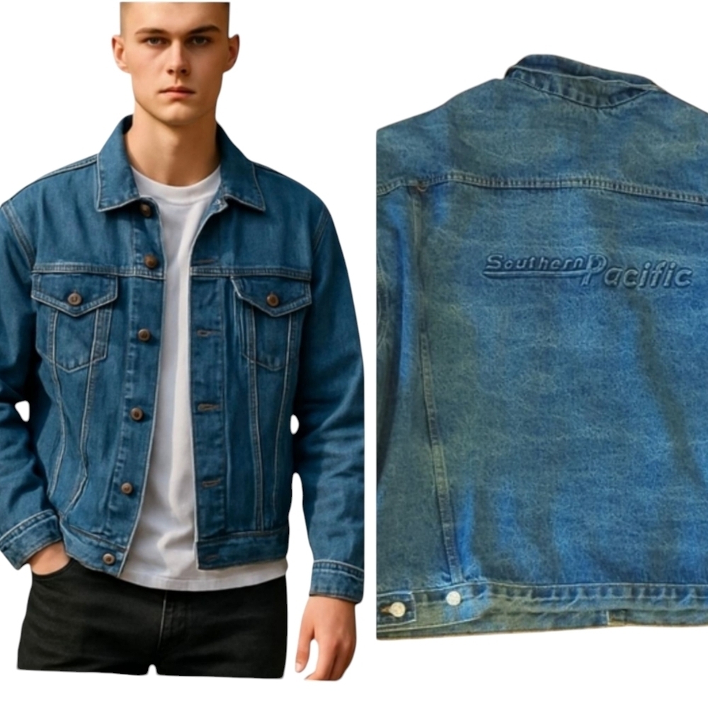 Vtg. Southern Pacific Railroad oversized denim truckers jean jacket sz XXL